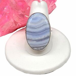 Blue Lace Agate Ring Size 9 Solid 925 Sterling Silver Oval Light Blue Stone